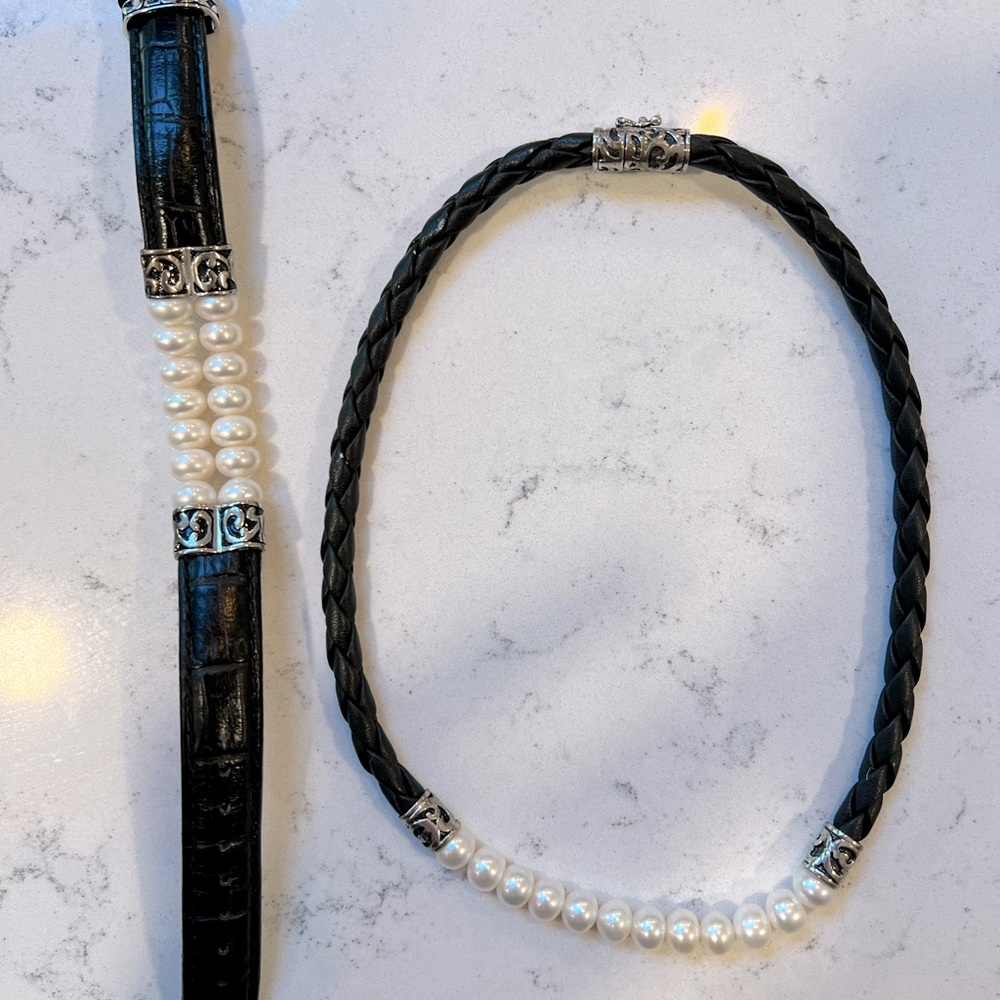 Sterling silver, black leather and freshwater pearl necklace and bracelet set.